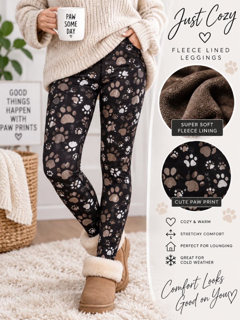 Just Cozy Fleece Lined Paw Print Leggings Black M/L Soft Warm Stretch
